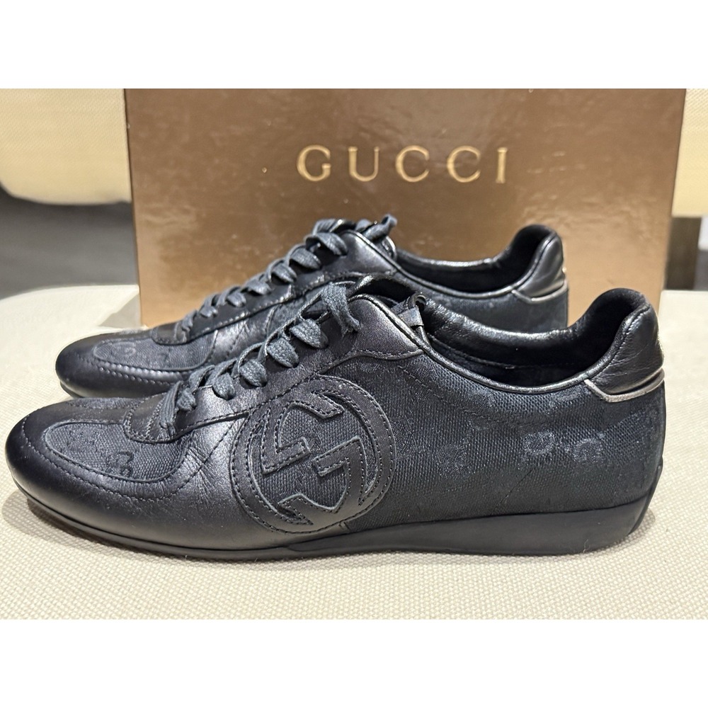 GUCCI Black Logo Canvas / Leather Sneakers Size 35.5